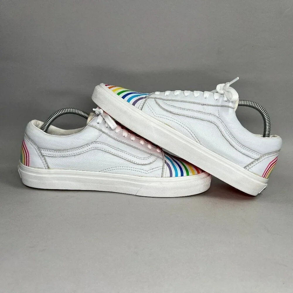 Vans Flour Shop Sneakers Women's Size 10.5 White Leather Old Skool Rainbow Shoes